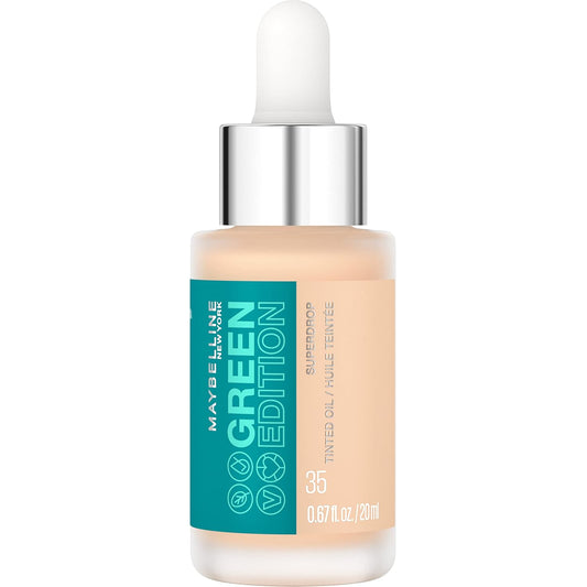 Maybelline Green Edition Superdrop Tinted Oil Base Makeup, Adjustable Natural Coverage Foundation Formulated with Jojoba & Marula Oil, 35, 1 Count